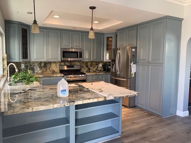 Matte gray painted kitchen cabinets