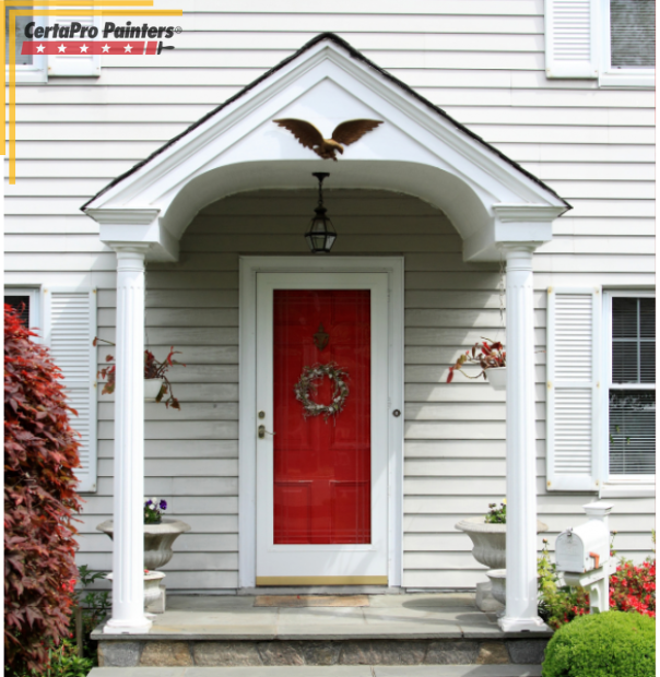 red front door on white house