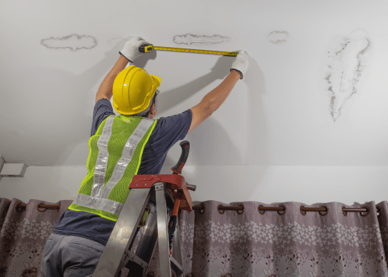 professional painter in the process of analyzing ceiling for damage