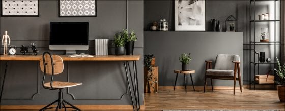 Home office with the walls painted SW 7048 Urbane Bronze.