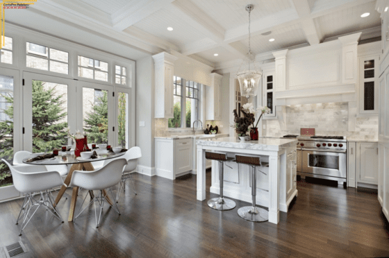 large open floorplan white kitchen