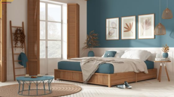 bedroom with teal accent wall