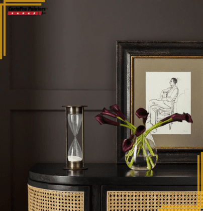 dark chocolate brown painted wall behind cabinet