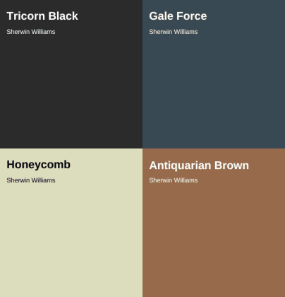 color cards of tricorn black, honeycomb, gale force, and antiquarian brown