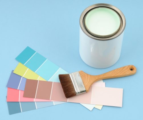 paint brush, paint can, and color swatches