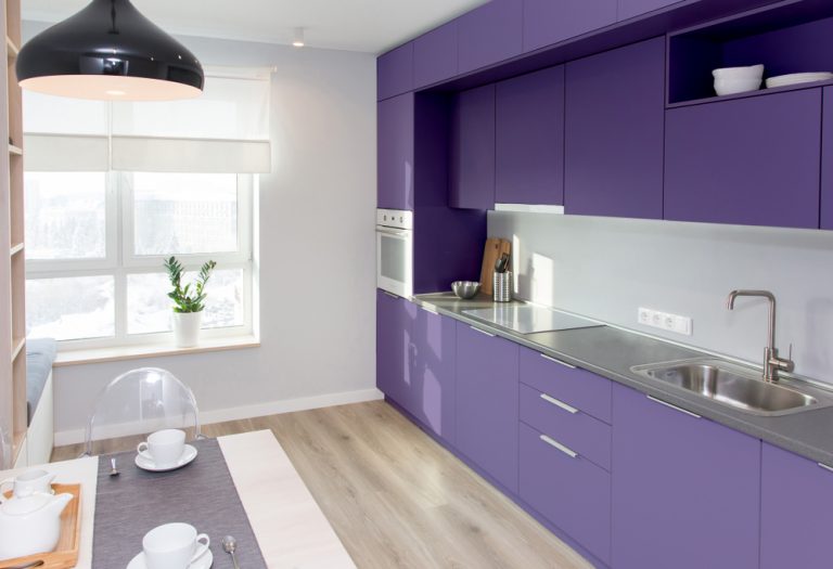 interior of kitchen with purple kitchen cabinets