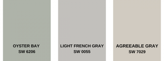 Oyster Bay, Light French Grey, and Agreeable Grey color swatches