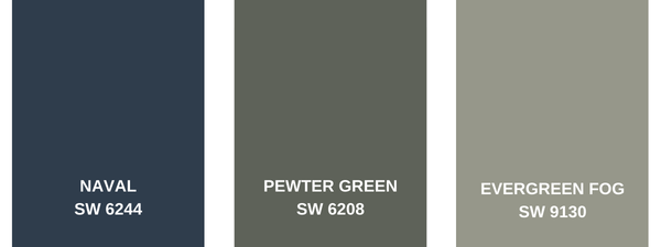 Naval, Pewter Green, and Evergreen Fog color swatches