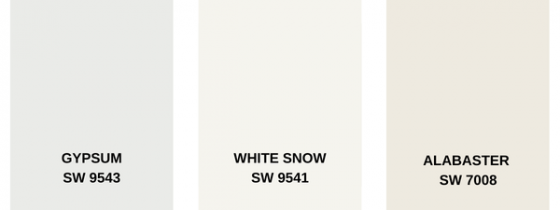 Gypsum, White Snow, and Alabaster paint color swatches
