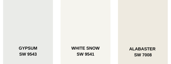 Gypsum, White Snow, and Alabaster paint color swatches