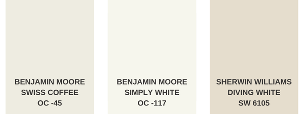 Three sunroom paint colors in the white/neutral color palette