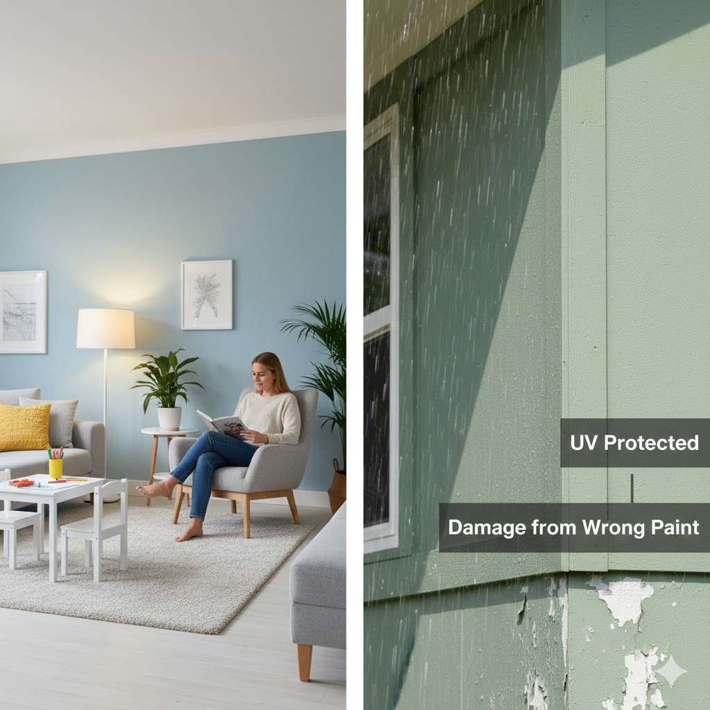 Interior living room and exterior siding comparison