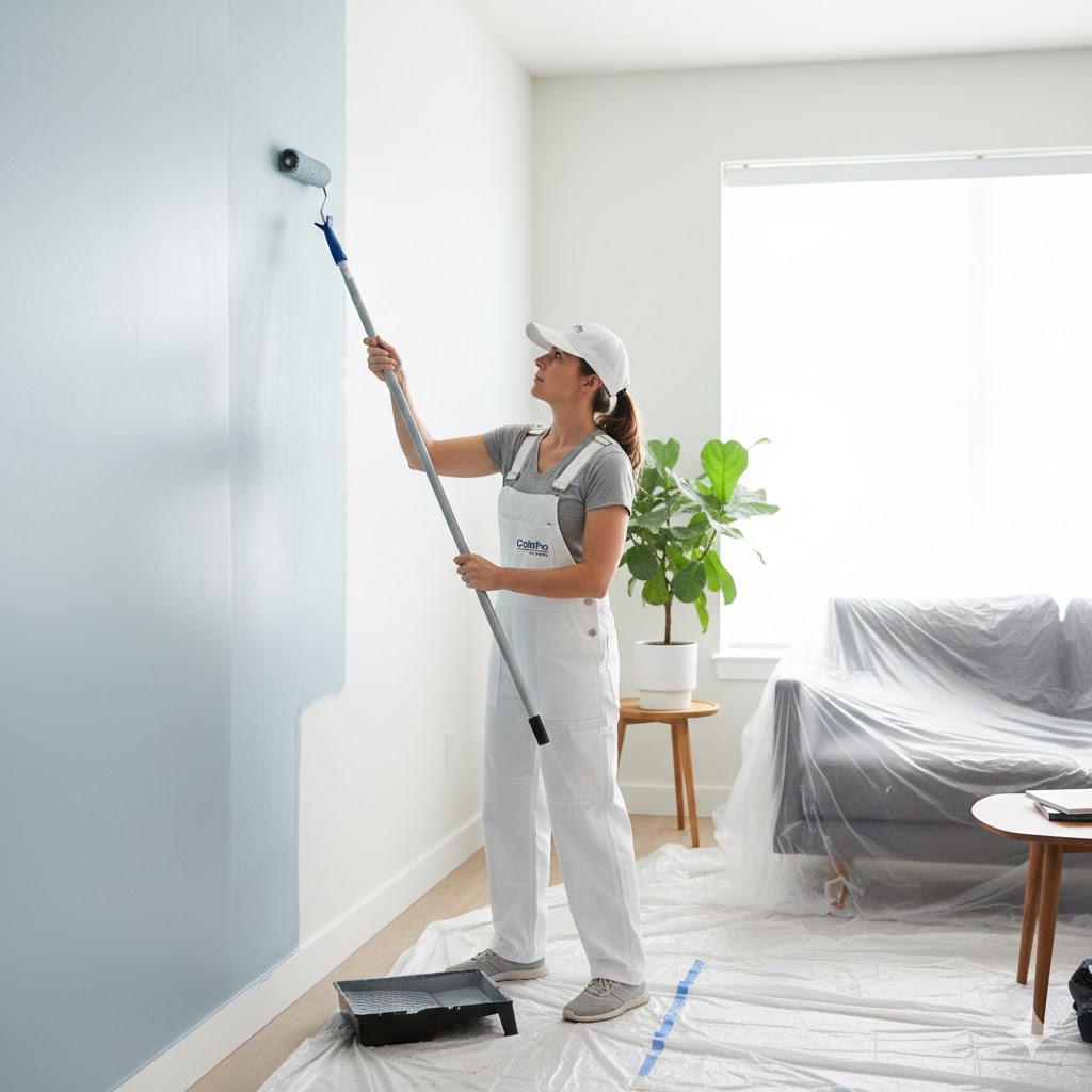 Professional interior painter applying paint with roller