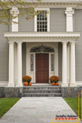 beige house brown front door
