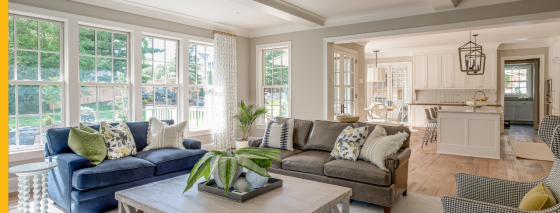 Living room with grey and white painted walls.
