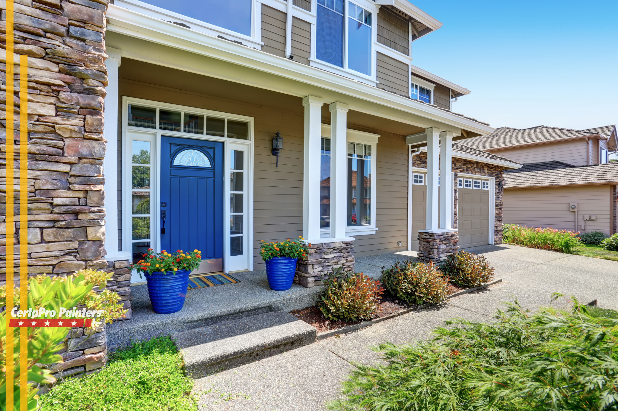 house exterior with blue front door and mixed siding