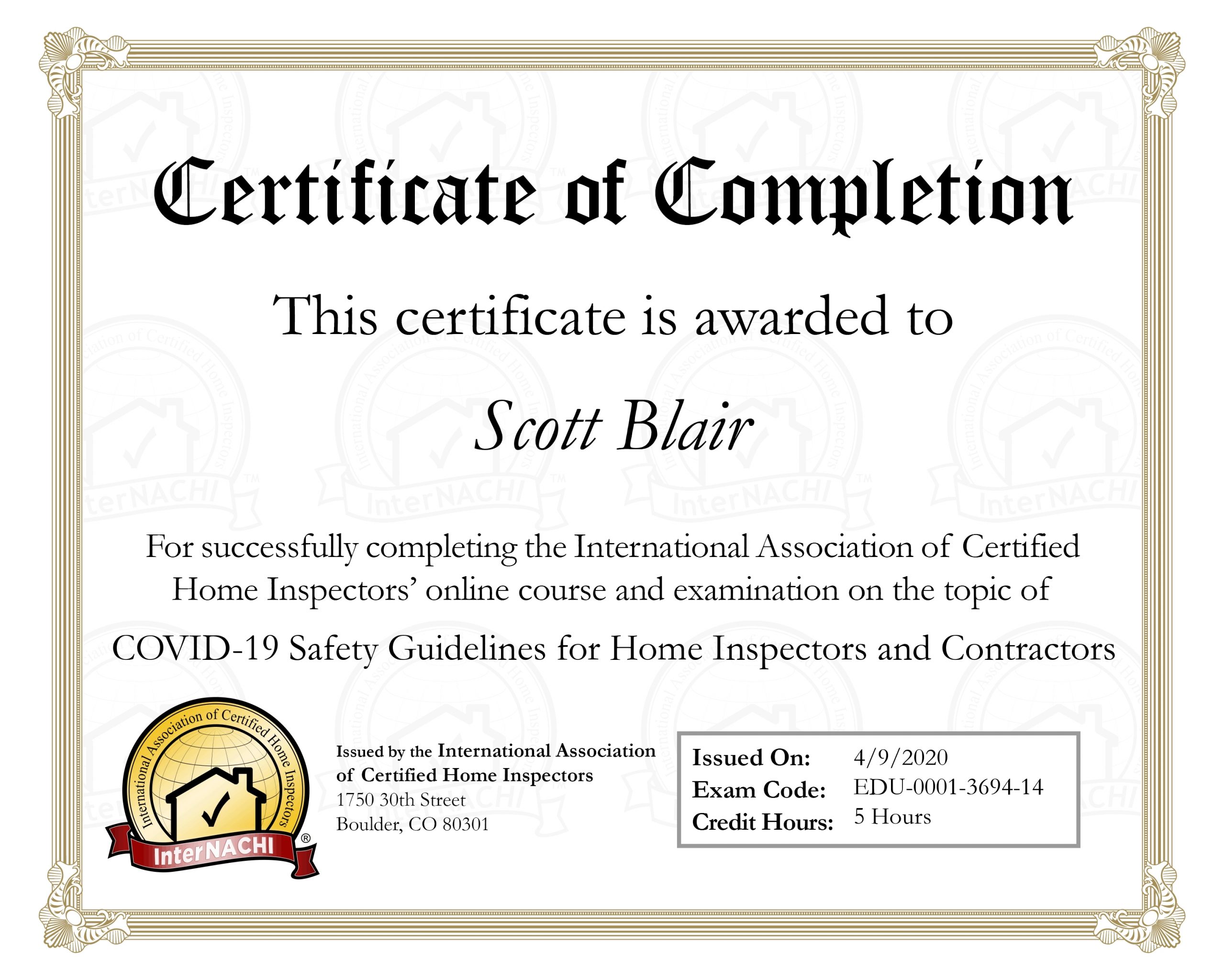 scott blair international association of home inspectors covid-19 safety guidelines certificate of completion