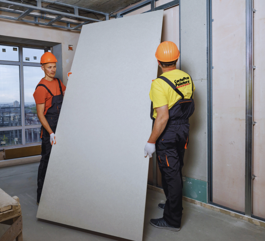 2 men installing drywall in a Boston office building