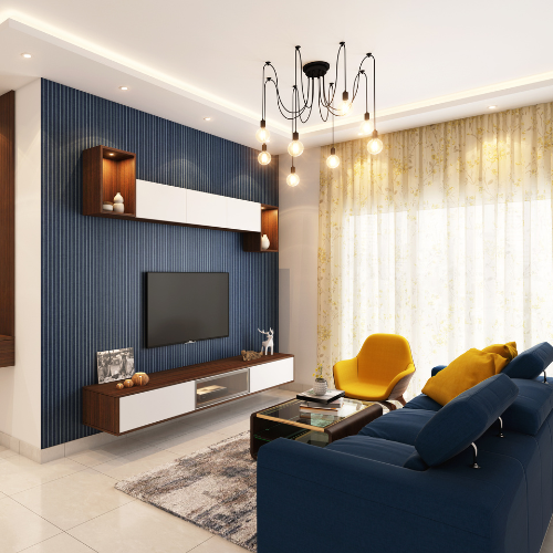 Newly painted living room with indigo blue wainscot around fireplace