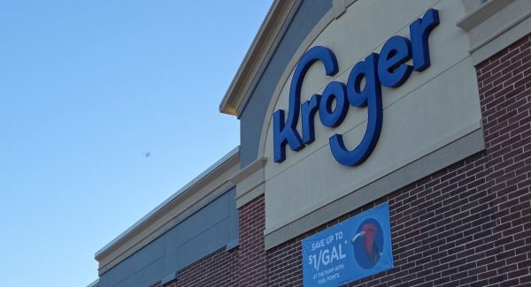 Exterior view of a Kroger storefront at a retail plaza
