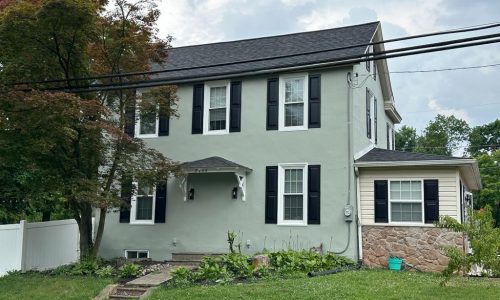 Pale Gray-Green Lap Siding & Preserved Fieldstone Foundation Paint Job - After