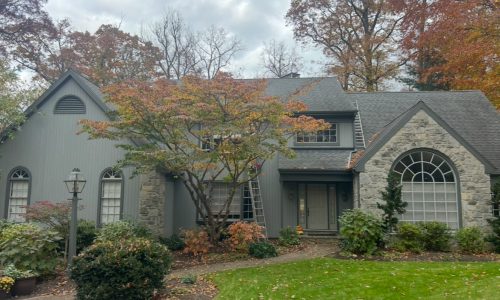 Contemporary Exterior Vertical Siding and Trim Painting with Natural Stone Accents - After