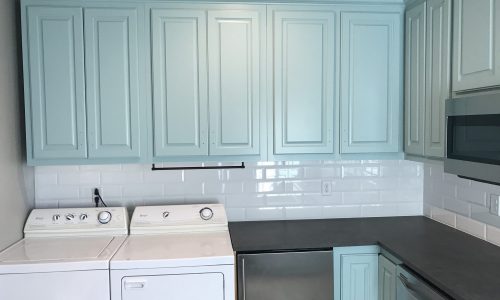 Custom Spray-Finished Mint Cabinet Refinishing - After