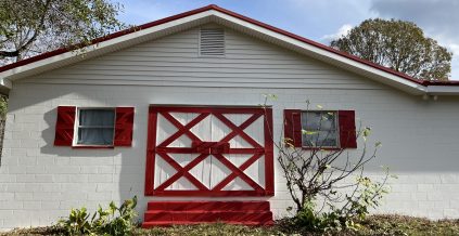 Exterior Painting of White Barn with Red Accents ...
