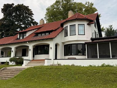 white painted brick and stucco house exterior