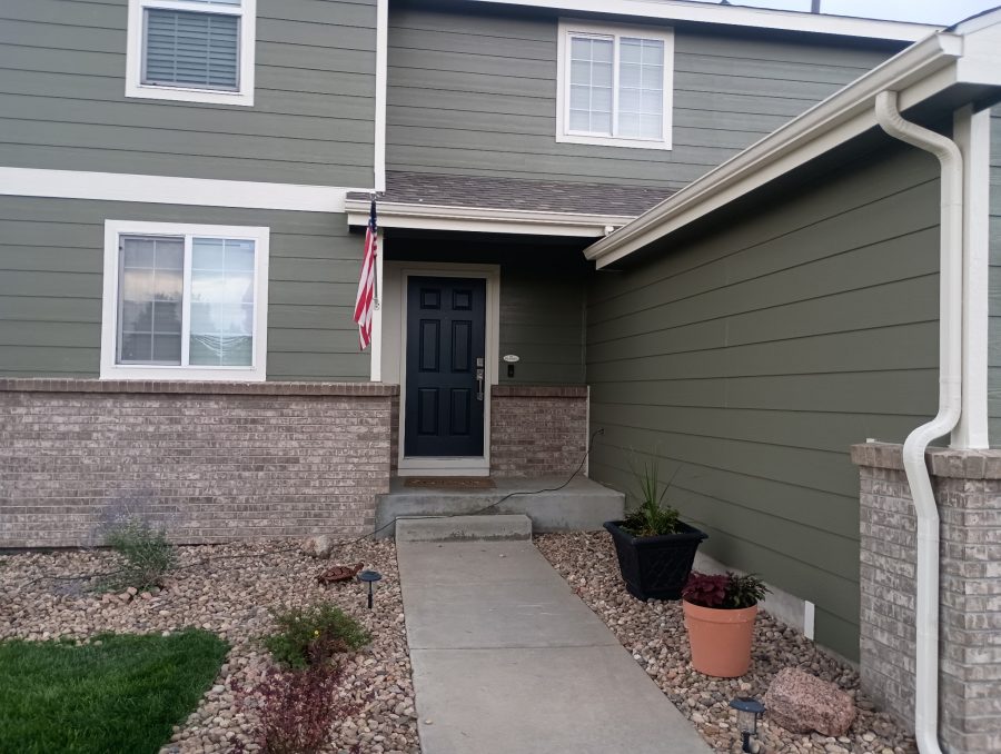 front door and walkway of house with sage green painted siding Preview Image 3