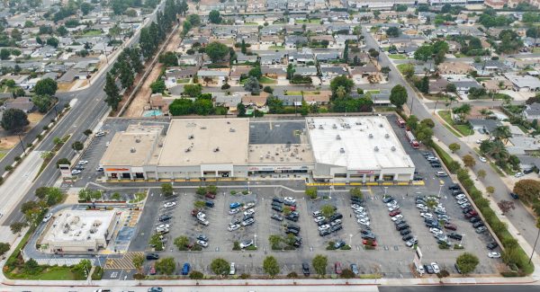 arial view of painted shopping center