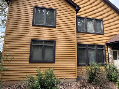 Multi-story Dadeville lake house after exterior painting with mustard-yellow lap siding, dark window trim, and landscaping along the foundation