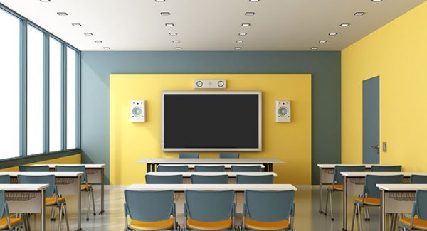 School painting with desks, chairs, and screen