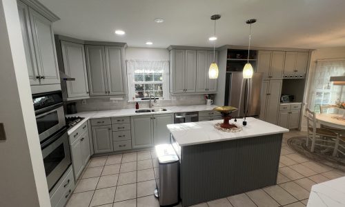Factory-Finish Gray Cabinetry & Beadboard Island Painting