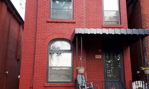 Red Coated Brick & Gray Architectural Trim Exterior Painting Project