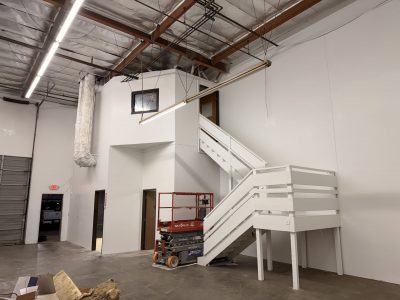 white painted warehouse interior steps
