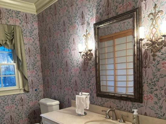 photo of powder room in bedminster with old wallpaper