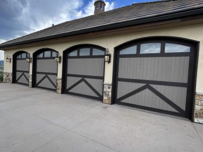 stained wooden barn style garage doors