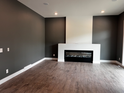 Living room featuring deep charcoal walls, a bright white fireplace surround, and clean white baseboard trim.