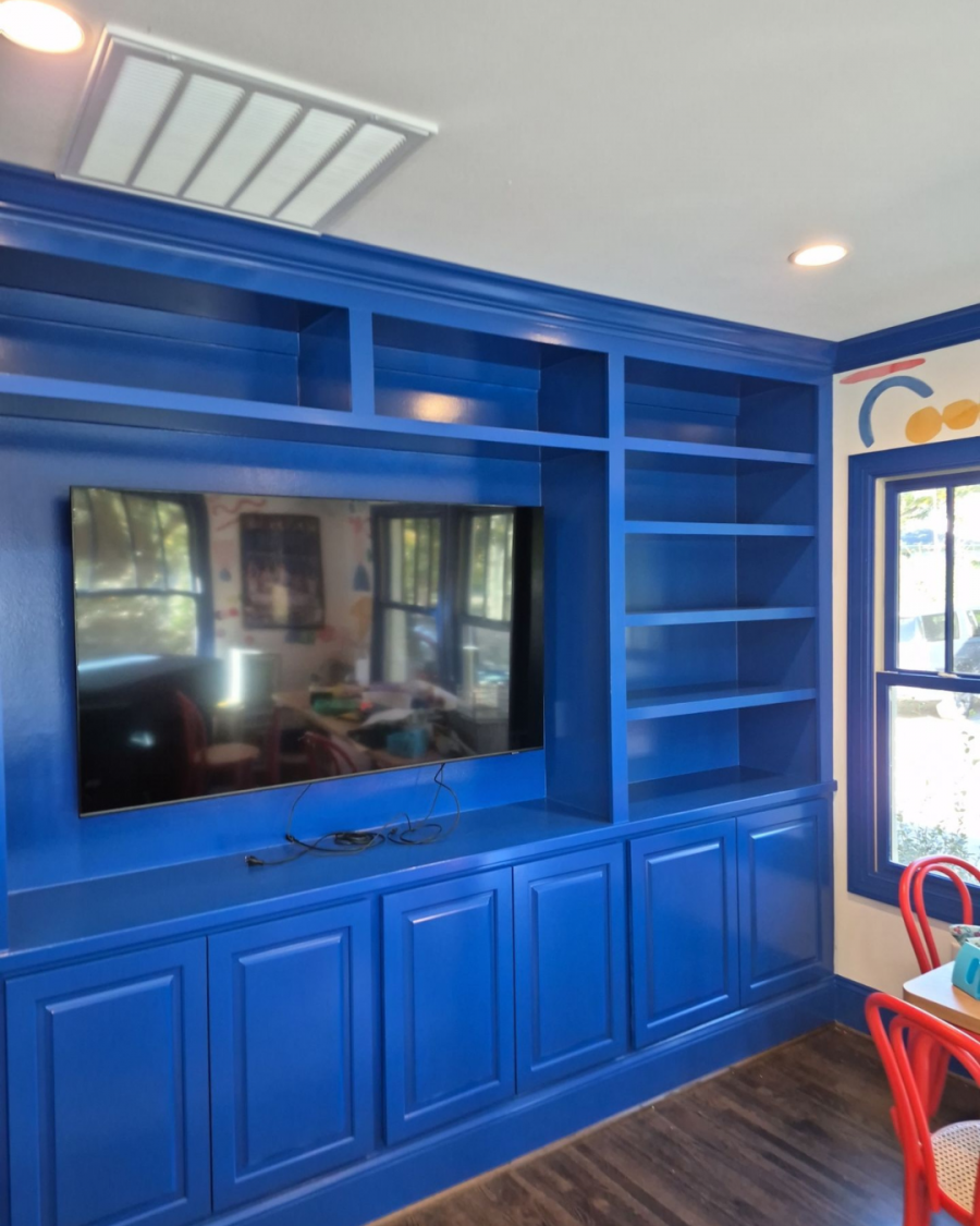 bright blue painted built-in shelves Preview Image 2