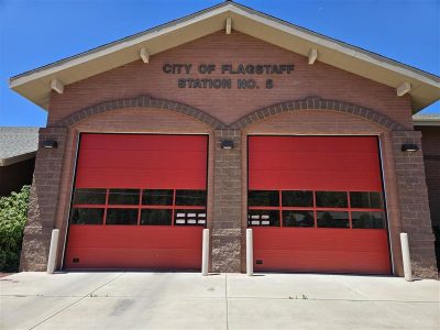 fire station with repainted bay doors