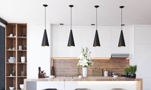 white modern Kitchen with cone shaped hanging pendant lights