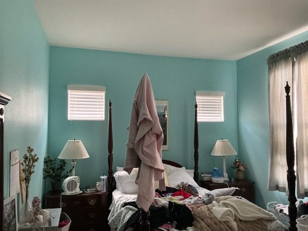 bedroom with teal blue painted walls, bed, and furniture Preview Image 2