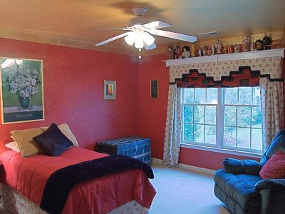 Residential bedroom featuring custom mottled coral-red walls paired with crisp white window trim and display shelving.