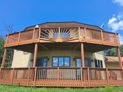 multi-level stained wood deck